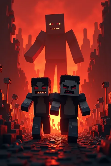 Two Minecraft characters with scary faces being chased by hostile mobs in the nether with a strength in the background and a title Schizophrenia Minecraft Hardcore