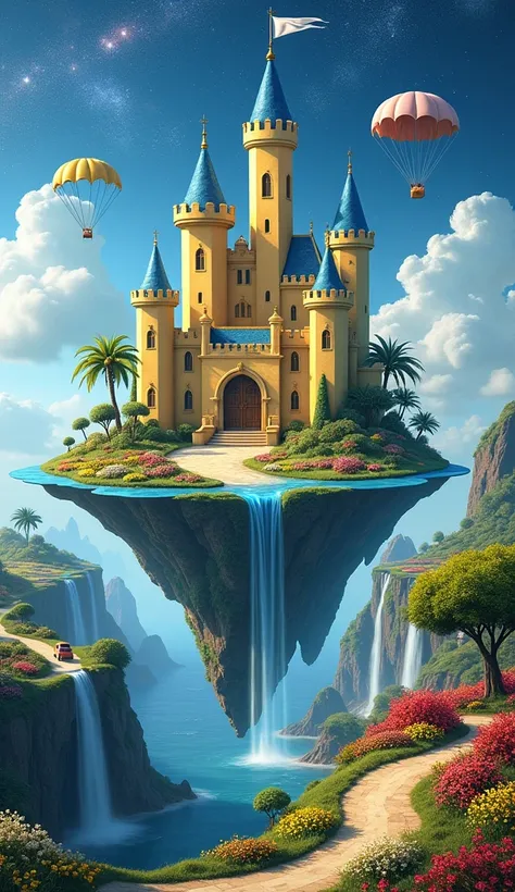 Create high resolution/4K A medieval style unusual  yellow-blue Castle floating on a island in the sky with white flag and lush green surrounding it, red-yellow-white flower surrounding it, courtyard and palm tree surrounding it, two parachute surrounding ...