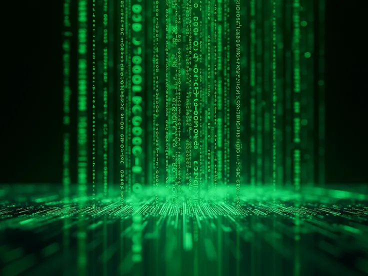 green digital binary data on computer screen background vertically