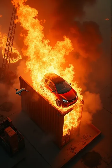 Smart car container fire drone shot