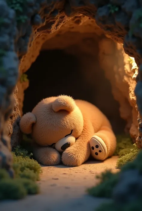 I want an animated teddy sleeping inside a cave