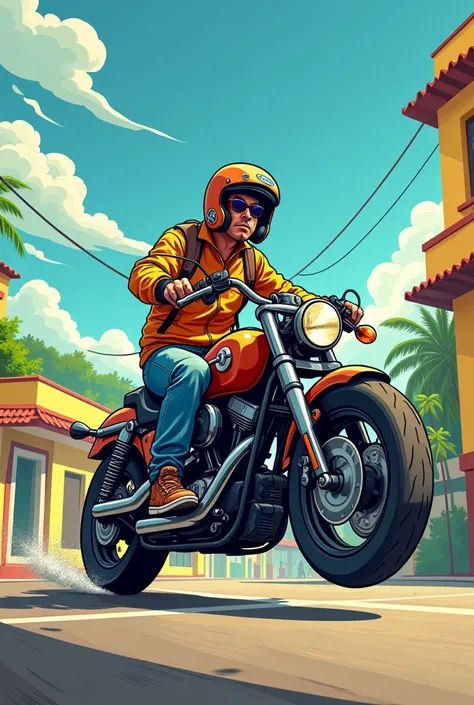 Motorcyclist in Brazil cartoon version doing a horse on the motorcycle drawn mobster 
