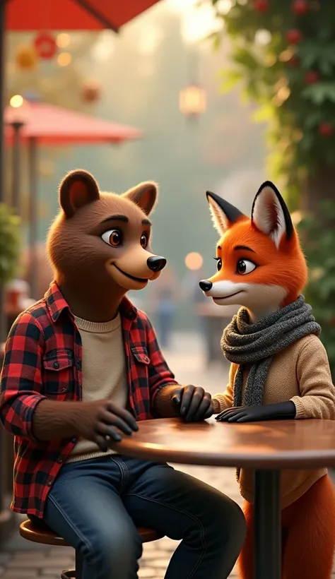  A scene with two humanized animals ,  like a bear and a fox ,  standing and talking in an environment cozy and bright .  The animals are dressed in modern casual clothes — the bear in a plaid shirt and jeans,  and the fox in an elegant sweater and scarf ....