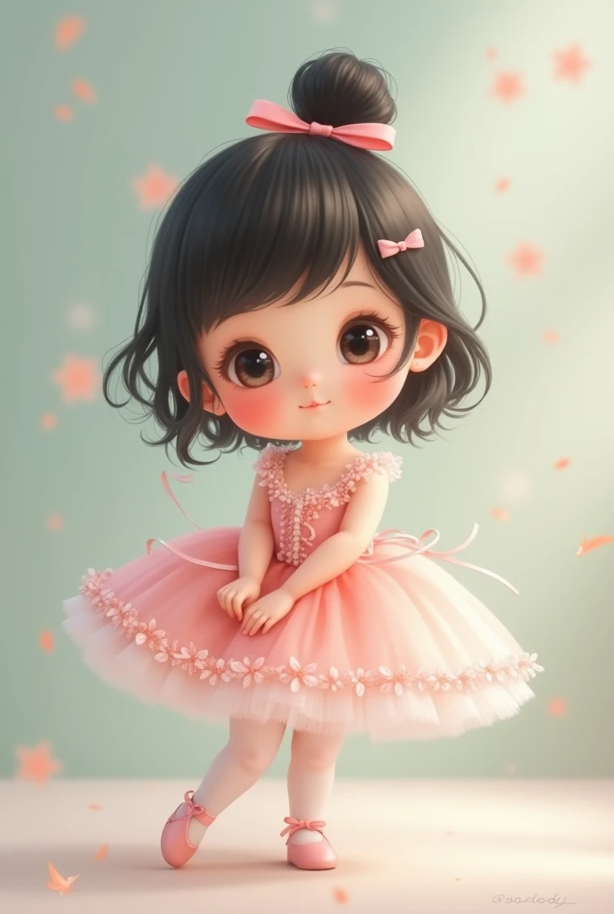 A small three-year-old , Japanese, low, Gorda, with a bun in her hair , slanted eyes,  dressed in a pink ballerina costume , With the foot up 