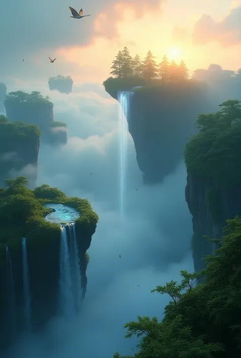 
"Create a breathtaking video that showcases a surreal, cinematic scene. Imagine a world where giant floating islands drift across the sky, adorned with lush forests, waterfalls cascading down into the clouds. Show flying creatures gracefully weaving betwe...