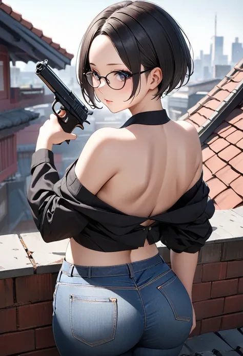 RAWphoto,photorealistic,8k16k,best quality,perfect anatomy,perfect detailed,ultra highres,
extremely detailed eyes and face,gleaming skin,shiny skin,1girl,Japanese,black short hair,pixie cut,
(wearing glasses:1.3),(parted bangs,forehead:1.2),round face,med...