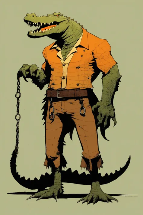 mike mignola style - furry, anthropomorphic, male crocodile, monstrous, tall height, muscular:0.5, beast, shackles, fangs, orang...