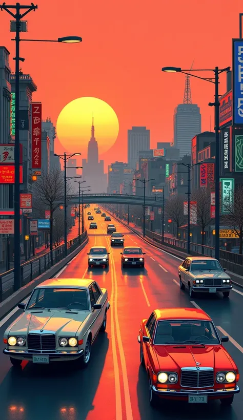 city, sunset, retro cars, building, traffic, bridge, road, 80s, japan