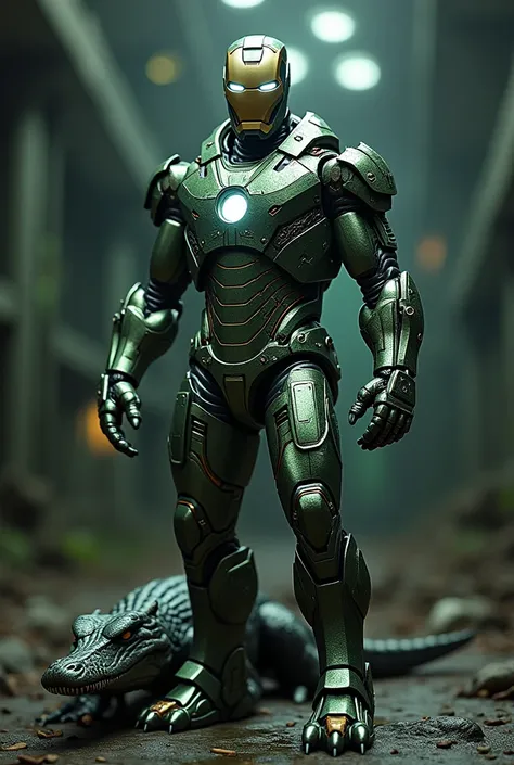 "Create an image of a fusion between Iron Man and a crocodile. The figure has the iconic armored suit of Iron Man, but its modified to have a crocodile-like texture with scales and a greenish metallic sheen. The head resembles a crocodile with a long snout...