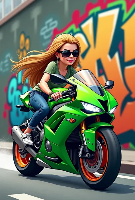 Green sports bike and on the motorcycle a woman driving and next to the motorcycle a graffiti artist painting it 
In cartoon type