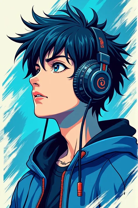 man who like blue color, Johan anime character, hip hop music, he using headphone cause he likes music and creative person 
Generate a shirt based on this..new and unique shirt 