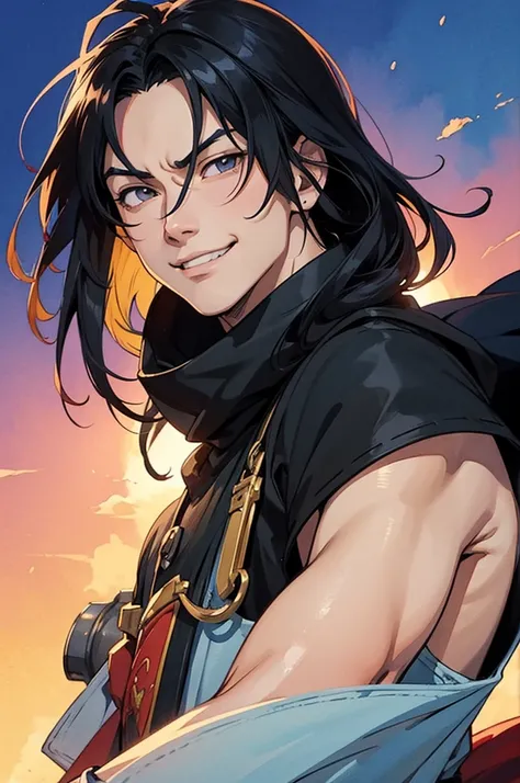  anime style,  anime character art,  anime style, warrior,  confident expression , simple watercolor background ,  long black hair ,  handsome,  has a mean smile on his face at viewers,  Eyes and Face Carefully Drawn in Every Detail, field, 