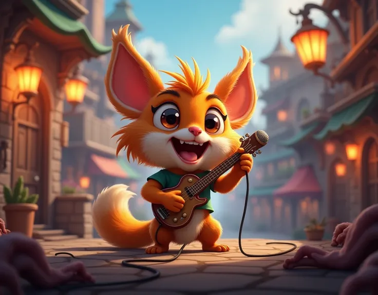 Imagem do personagem Gnar de League of Legends, in its adorable and small form ,  singing with a vintage microphone in his hands .  He is on an improvised stage ,  with a lively expression and glowing eyes ,  as if you were in the middle of a fun performan...