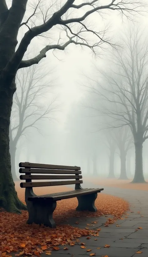 A single empty bench in a quiet, misty park. The ground is covered in fallen autumn leaves, and the trees stand bare, reaching up to a cloudy, overcast sky. The scene is sketched in soft grays and browns, with a foggy effect that creates a somber, still at...