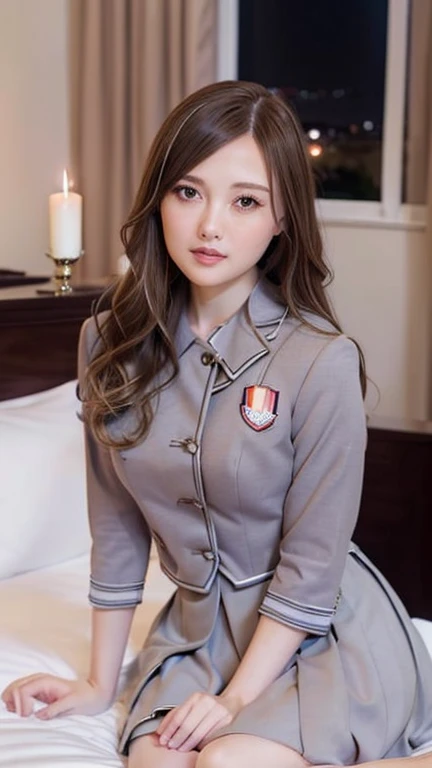 1girl,((high school student)),((High school girl photos)),(( high school uniform :1.25)),Grey pleated skirt,( school bag),( white shirt ),(((Hotel Bedroom))),((Night view)),((candle lighting)), blue eyes ,Distant eyes,( platinum blonde :1.15), long hair,In...