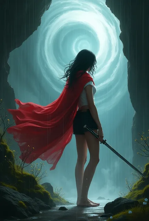 bottom-up, back angle. She leans on a
large rock in narrow, rain-soaked crevices
drenched with a red cloak, white top, and
black shorts. A shiny katana at her side
and a massive swirling water vortex
surround her, with moss, small white
flowers, smoke, and...