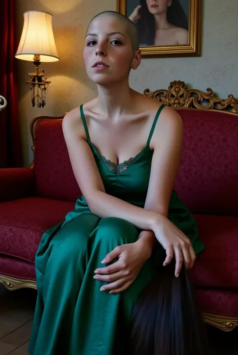 (She is looking at the viewer, visibly excited), the scene is a surreal, luxurious image of a woman sitting elegantly on a lavish, baroque-style couch with ornate golden carvings. She is dressed in a flowing, green dress with delicate lace details that cat...