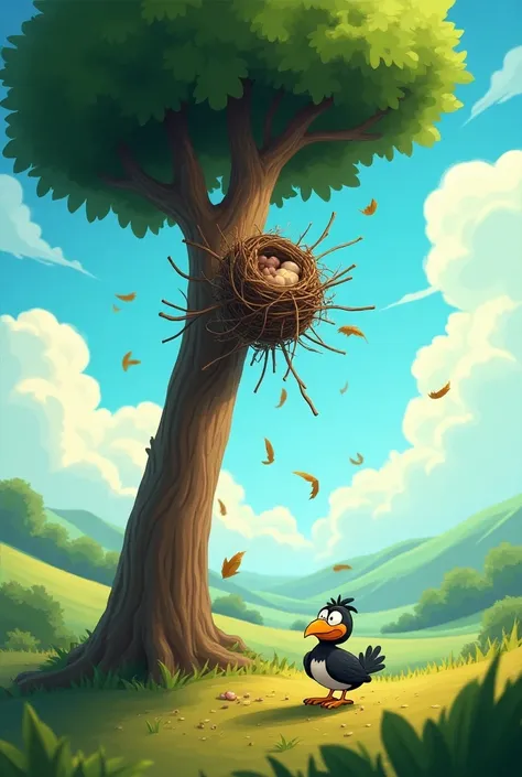 In cinematic 3d cartoon style"Illustration of a strong wind blowing, causing Motis nest to fall from the tree, with feathers and twigs scattered everywhere."