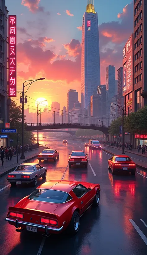 city, sunset, retro cars, building, traffic, bridge, road, 80s, japan, cars passing each other