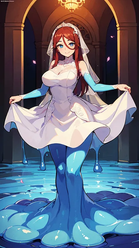 ((masterpiece,best quality,ultra-delicate,Perfect Face,detailed eyes,16k,high resolution,very beautiful girl)),((blue slime body ,melting legs:1.5,Best Anime)),sharpnes,clear,The Art of Phenomenal Depictions,brown red long hair,(1 girl),large breasts,(shor...