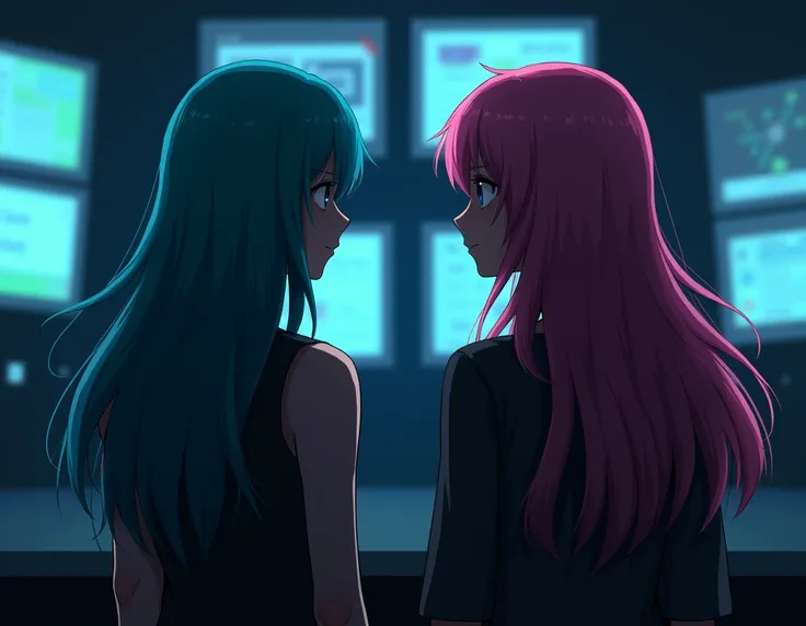 Two girls, one with long vibrant turquoise blue hair and the other with long vibrant pink hair, are seen from behind and only their silhouettes can be seen in the darkness while they seem to say something to each other in secret and in the background many ...