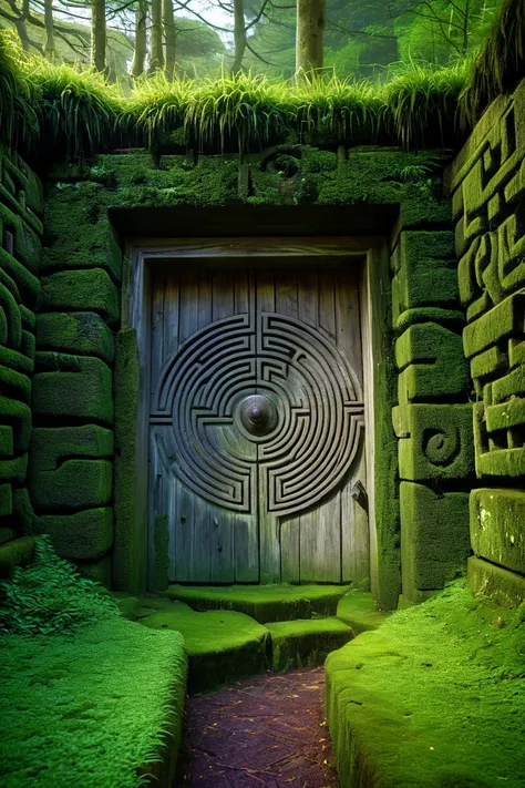  An ancient wooden door with detailed carvings ,  partially open ,  located at the center of a maze of aged, moss-covered stones.  The labyrinth is shrouded in a faint haze , and the sinuous path is dimly illuminated ,  with faint rays of light that penetr...