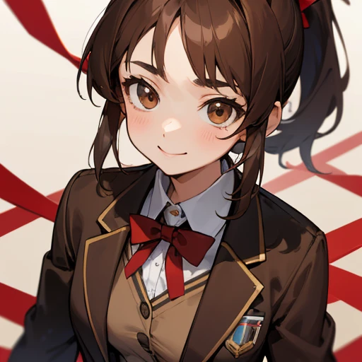 Best Quality, 8k, masterpiece, ((Humans only)), Upper body close-up,  looking at the camera, 1 Girl, smile, Main Characters, Modern People , Black brown hair,  ponytail,  Brown Eyes ,  eyes like jewels,  high school uniform ,  Big Red Ribbons , Brown blaze...