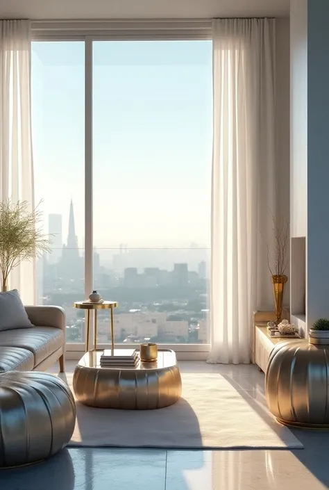 dreamy, luxurious apartment with satin metallic furniture at morning with a view overlooking of a city. gradient of light blue and white sky, enhancing the magical, serene atmosphere. 1994 retro film still, retrowave