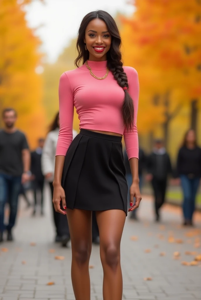 beautiful fit athletic tanned European woman, age 23, pink mock neck long sleeve shirt, black low rise knife pleated micro skirt, standing on a busy park, very long length brunette plaited hair, full body view, hourglass figure, red lipstick, red nail poli...