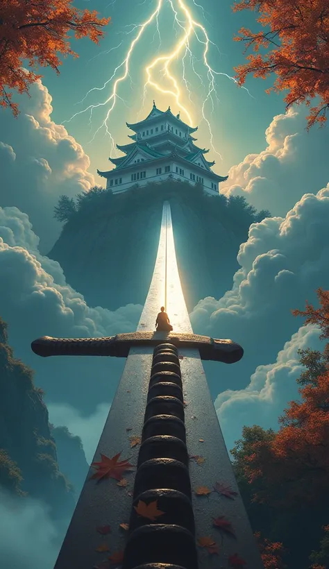 masterpiece,  The large sword stretches diagonally across the illustration from the front to the castle in the sky、The large sword acts like a bridge 、 the blade has reached the entrance to the castle、The large sword looks like a Japanese sword、The castle ...