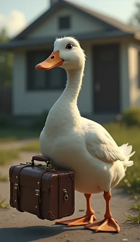 Duck carried a small suitcase while looking back at his now empty house.