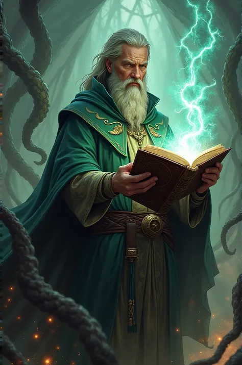 A sorcerer with a book in his while resisting a spell