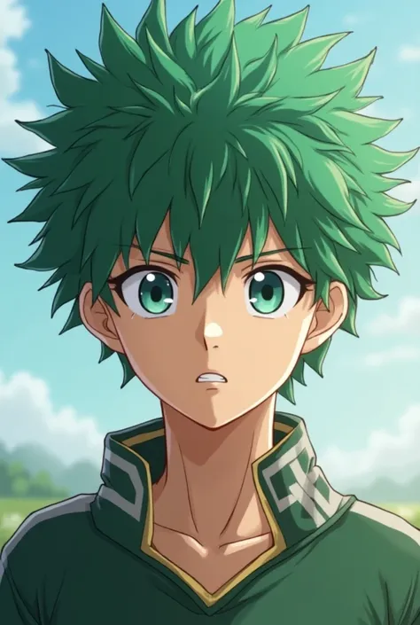  Izuku Midoriya is a 17-year-old teenager with a height of 1,80 cm,  ruffled green hair with pale blonde highlights ,  of athletic complexion with marked muscles , serious but gentle face ,  his eyes are of a different color ,  the right one is emerald and...