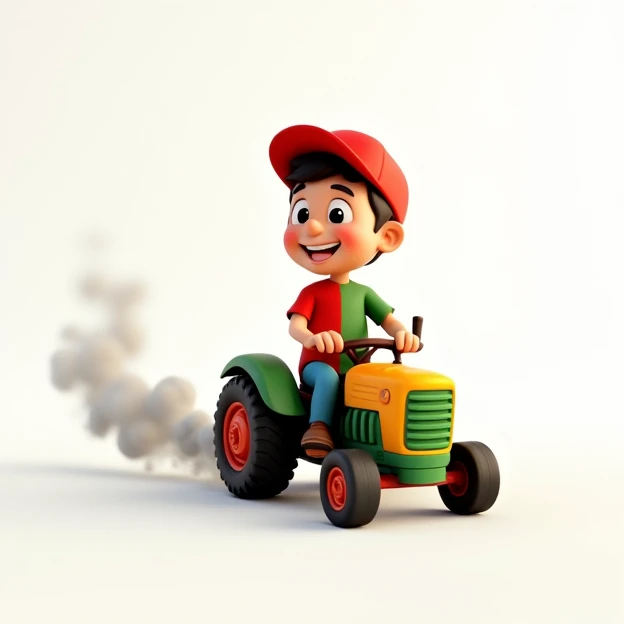 Create an image of a man wearing a red cap with a half red half green t-shirt on a small tractor that is an animated image. white background