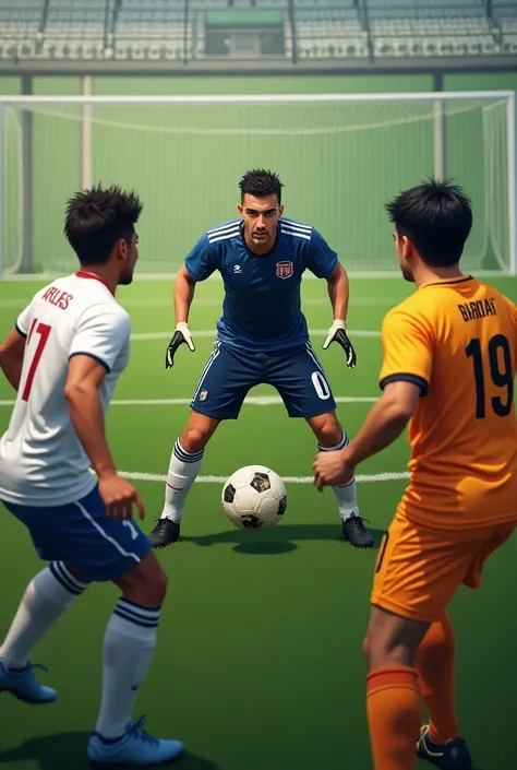 Make an image from the perspective of the goalkeeper seeing how he comes against 2 players and that his number is following Arias, that the goalkeeper is behind and the players are in the front.