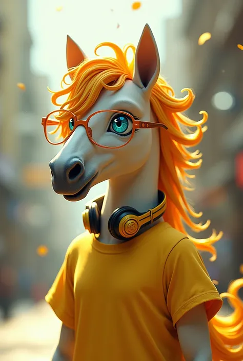 furry horse image, yellow and orange cheese hair, bright light blue eyes, horse man, wearing a yellow t-shirt and a yellow and blue headset around his neck, wearing orange glasses 