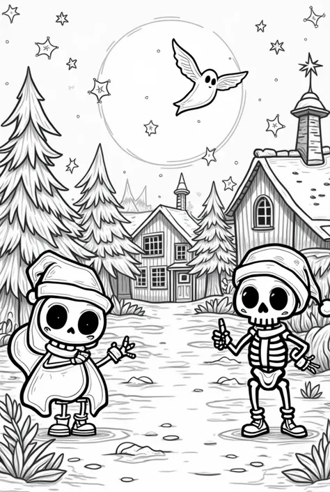 Black and white cute spooky Christmas coloring book pages