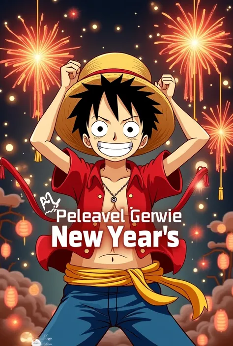 Logo that says New Years Exchange with Luffy and New Year themed background 
