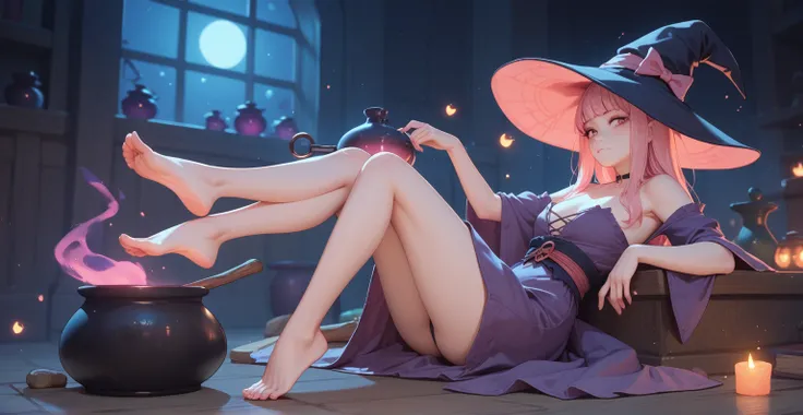 japanese girl, pink cat girl, light pink hair, sexy white red and purple dress, full body, bare feet, witch, night background, witch cauldron