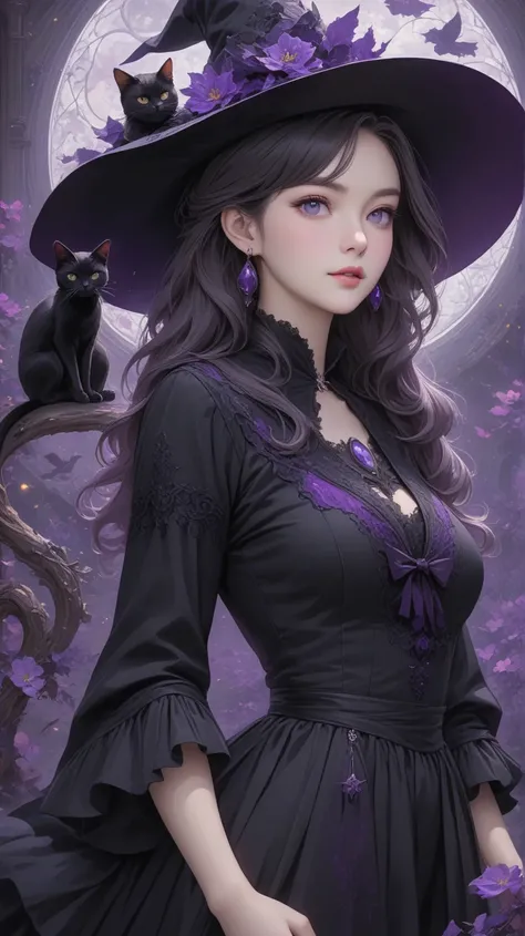 ((best quality)), ((work of art)), (detailed), 1 woman, old, witch, beautiful, chapéu de witch, black dress, purple details, purple magic, black cat