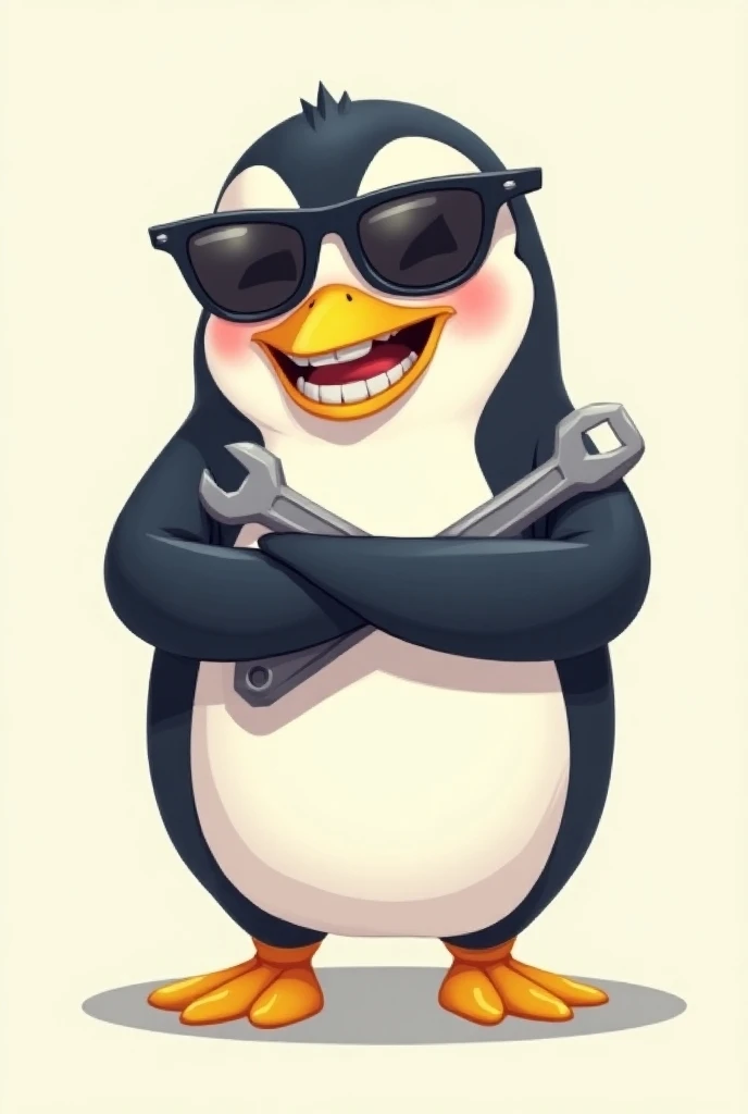 A smiling penguin wearing dark glasses showing his teeth and arms crossed with a wrench in his hand