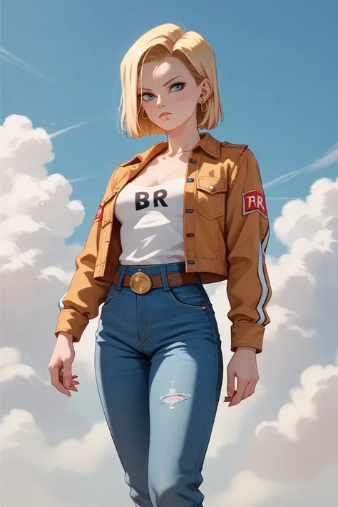 A dragon ball character android 18 blonde with indiana jones leather jacket outfit dragon ball z art style