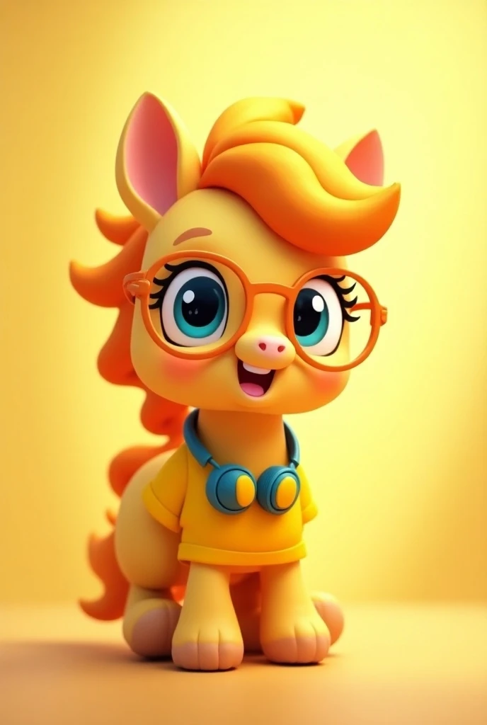 Chibby cute pony image, yellow and orange cheese hair, bright light blue eyes, horse man, wearing a yellow t-shirt and a yellow and blue headset around his neck, wearing orange glasses 