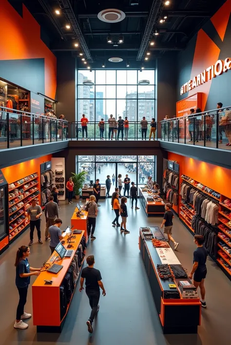 Make the interior of a sports store with a view from the top of one for customers in the colors orange and black 