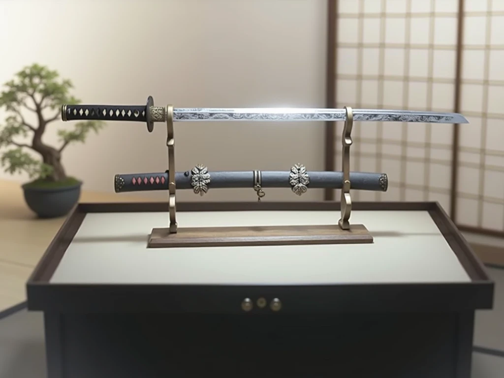 a detailed, large, beautifully crafted Japanese katana sword, intricate detailed blade and hilt, resting on a stand dedicated to the sword, shoji paper walls, potted bonsai tree, natural lighting, elegant, serene, tranquil, cinematic, 8k, highest quality, ...