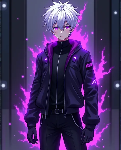 A anime young man, He have white hair, white skin and purple eyes. He swear a only black electronic suit with purple energy.