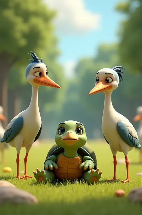 Create image 3d animation cartoon style "The turtle has safely landed on the ground but appears slightly injured, sitting with a regretful expression. The two cranes stand beside him, looking concerned yet understanding. The scene portrays the moral lesson...