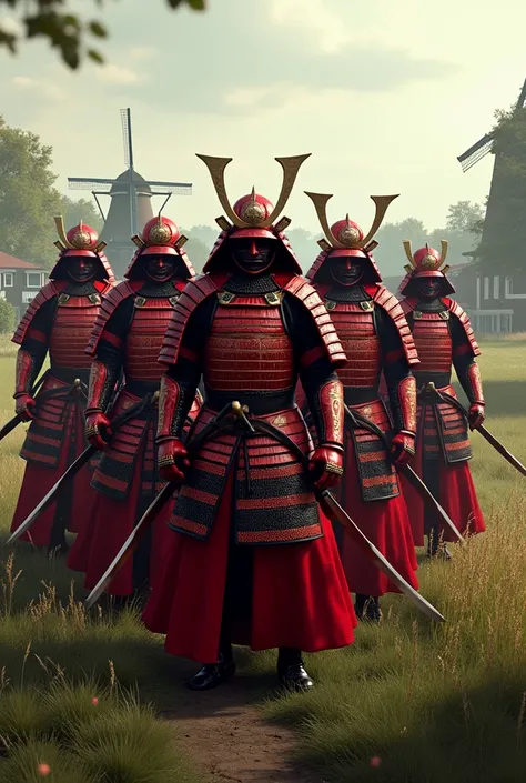 7 Samurai in Red Armor Standing in the Netherlands