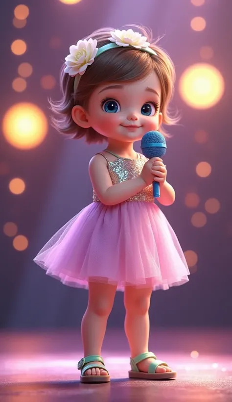 "A hyper-realistic image of a baby girl standing confidently on stage, holding a small blue microphone in her hand. She has round, rosy cheeks, bright blue eyes, and a soft expression that exudes innocence and charm. The baby is dressed in a shimmering, sl...