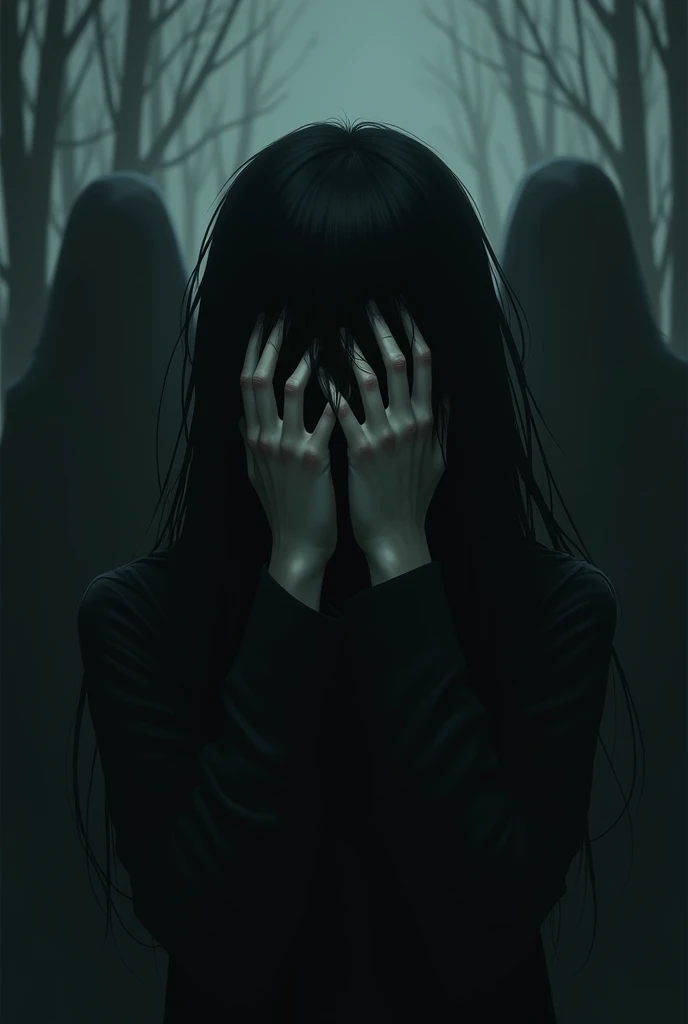   girl with black hair and eyes that cover her face with her hands,  dark anonymous people behind her ,  not faces only silhouettes , terrifying art ,  Aesthetic horror wallpaper ,  creepy and dark feelings  , Dark Illustration,  faces covered in shadows ,...